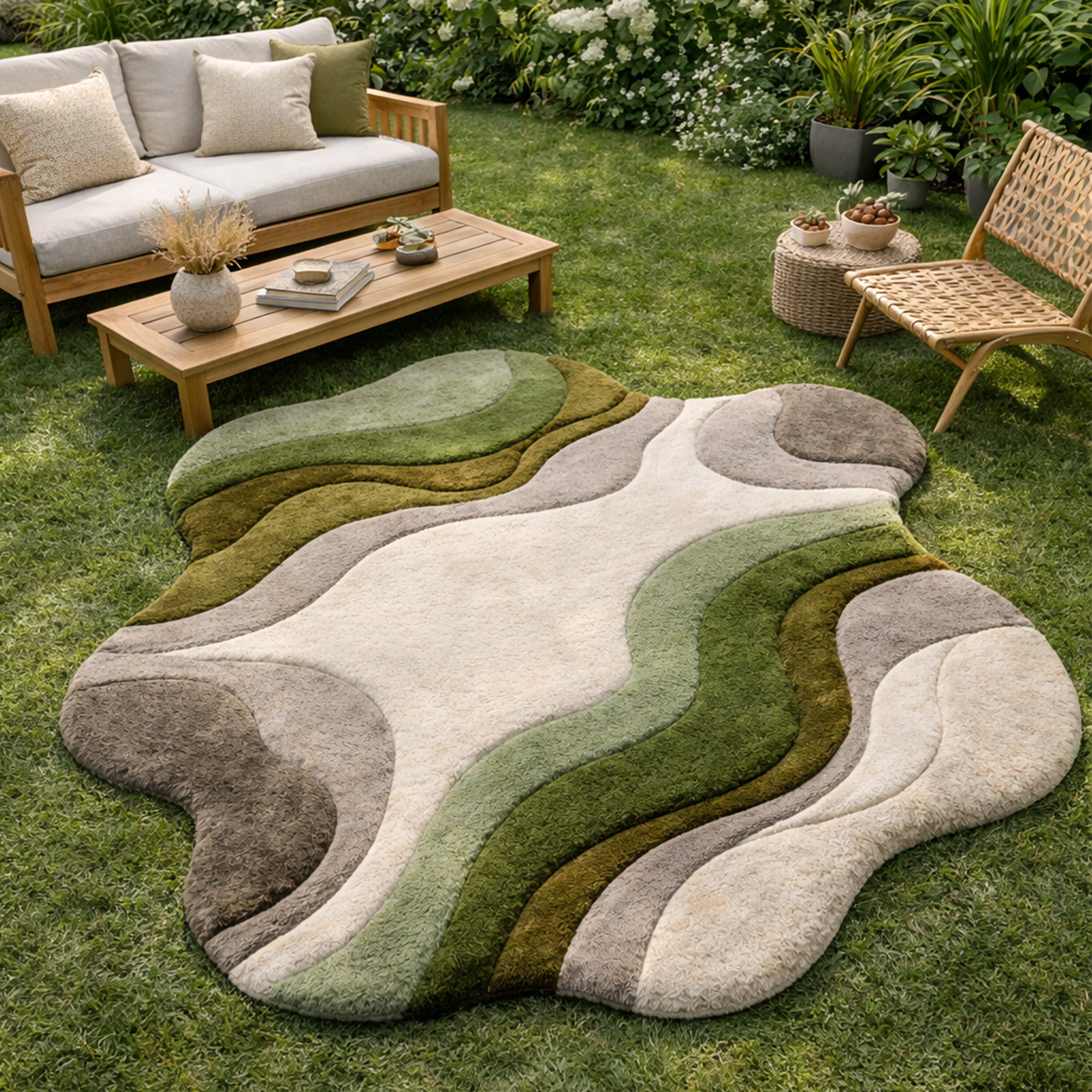 Modern Abstract Handmade Area Rug – Luxury Green & Neutral Wavy Designer Carpet for Living Room | USA Collection