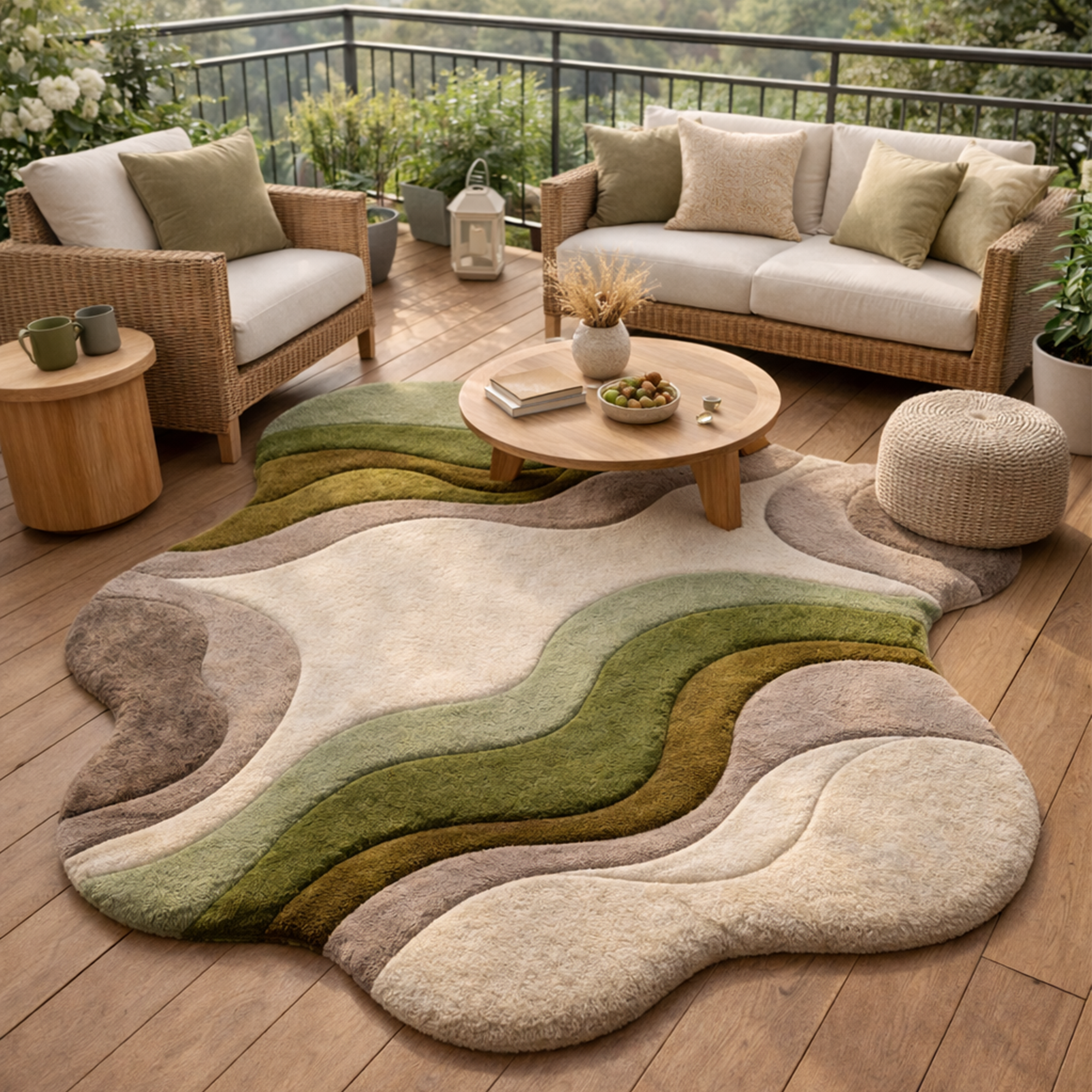 Modern Abstract Handmade Area Rug – Luxury Green & Neutral Wavy Designer Carpet for Living Room | USA Collection