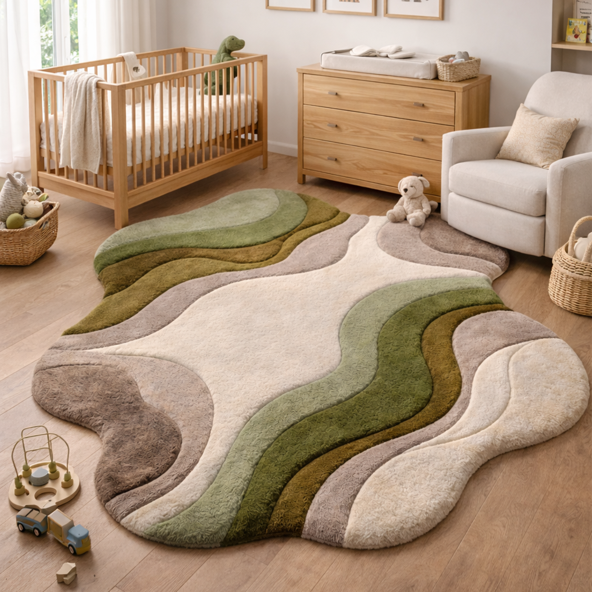 Modern Abstract Handmade Area Rug – Luxury Green & Neutral Wavy Designer Carpet for Living Room | USA Collection