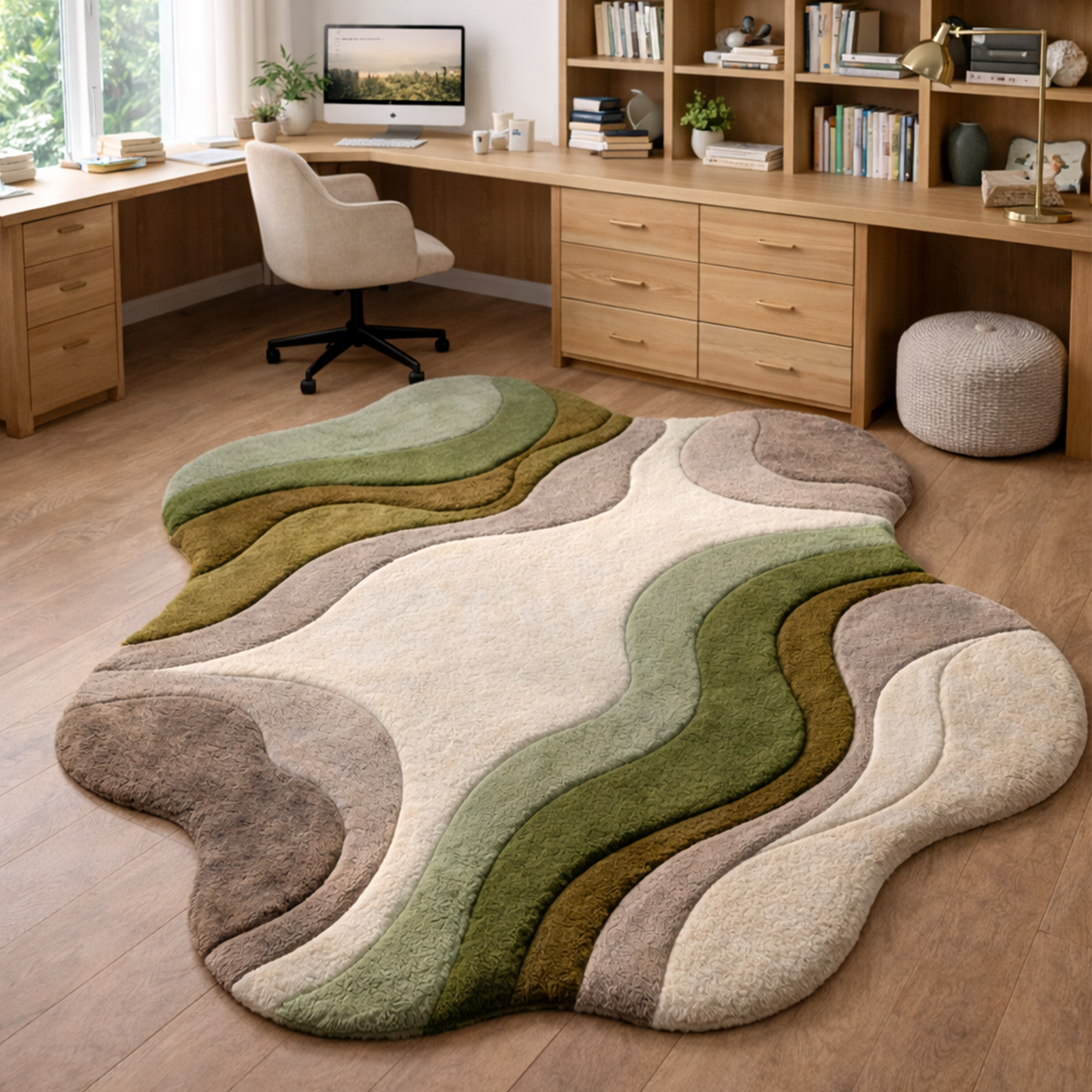 Modern Abstract Handmade Area Rug – Luxury Green & Neutral Wavy Designer Carpet for Living Room | USA Collection
