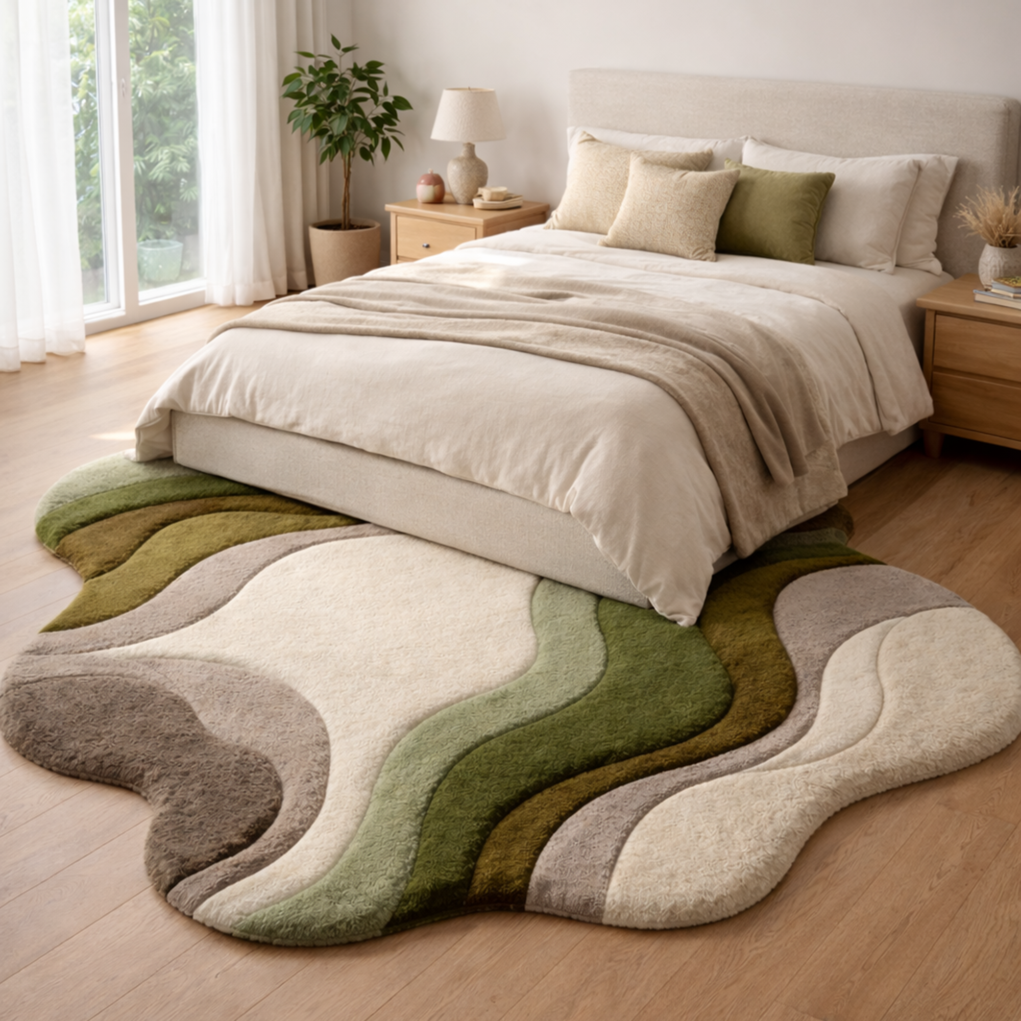 Modern Abstract Handmade Area Rug – Luxury Green &amp; Neutral Wavy Designer Carpet for Living Room | USA Collection