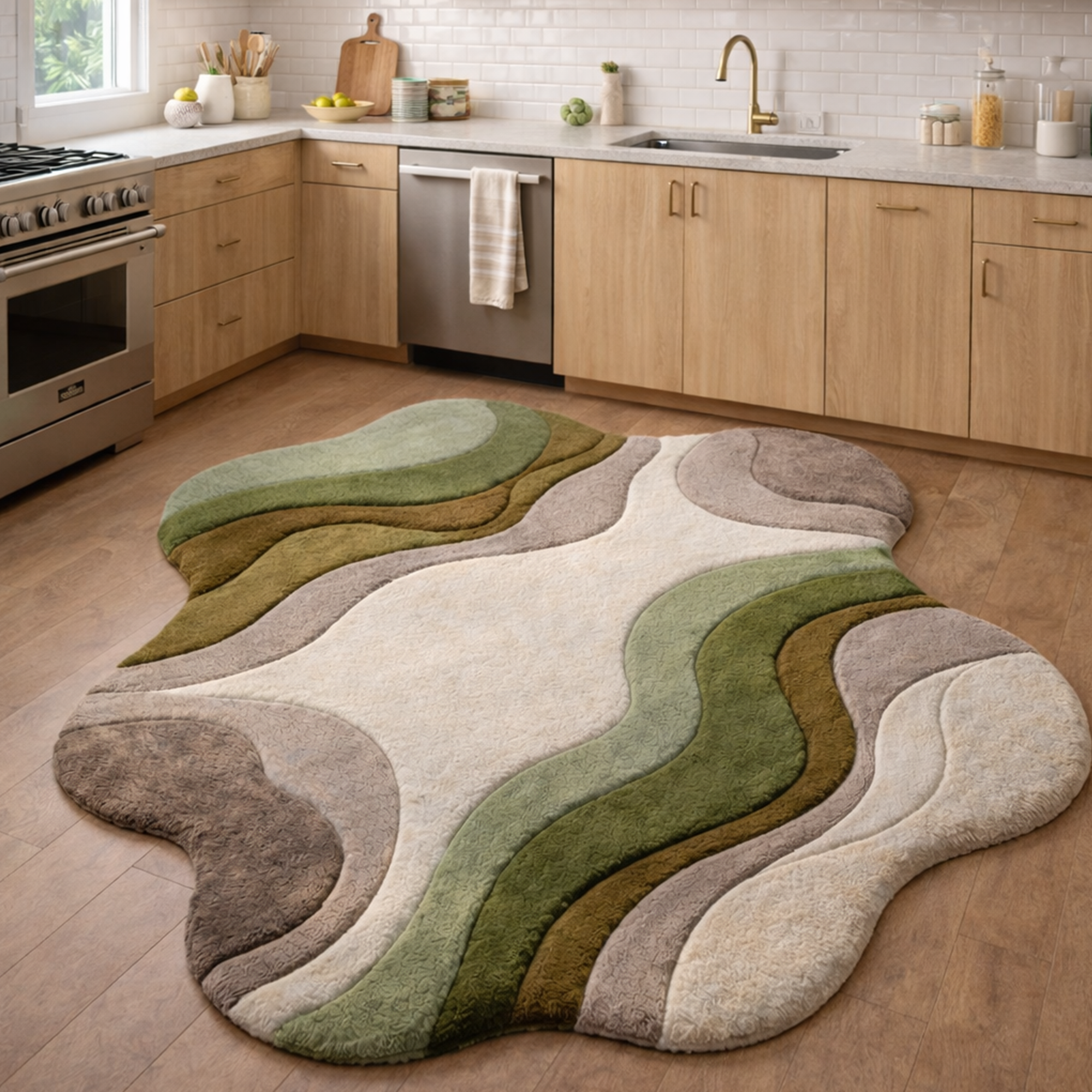 Modern Abstract Handmade Area Rug – Luxury Green &amp; Neutral Wavy Designer Carpet for Living Room | USA Collection