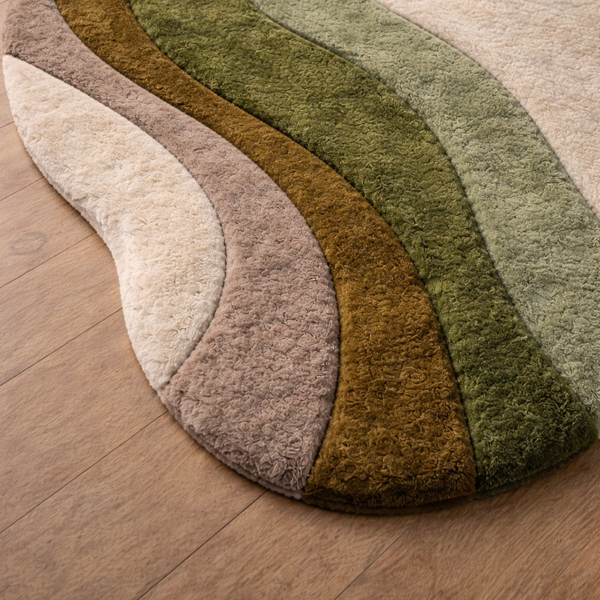 Modern Abstract Handmade Area Rug – Luxury Green &amp; Neutral Wavy Designer Carpet for Living Room | USA Collection