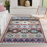 Handwoven Rust Beige Geometric wool-blend rug with teal and purple accents, fringe edges and tribal pattern. Available in multiple sizes for all living spaces