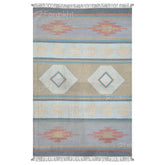 Pastel Flatweave handwoven wool-blend rug, flatweave with coral, mint, and sand tones, finished with short fringes — ideal for living rooms.