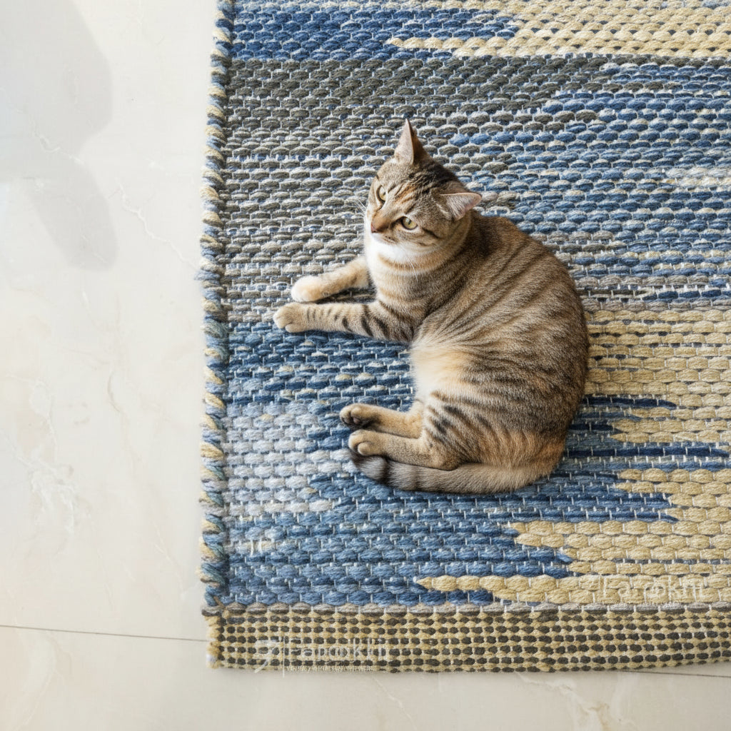 Close-up of a blue and beige patterned rug on a light-colored floor.