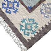 Close-up of a patterned rug with geometric designs in blue, gray, and white.