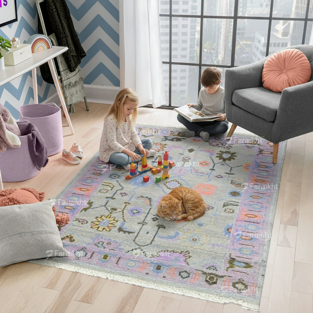 Bohemian geometric wool area rug made in India