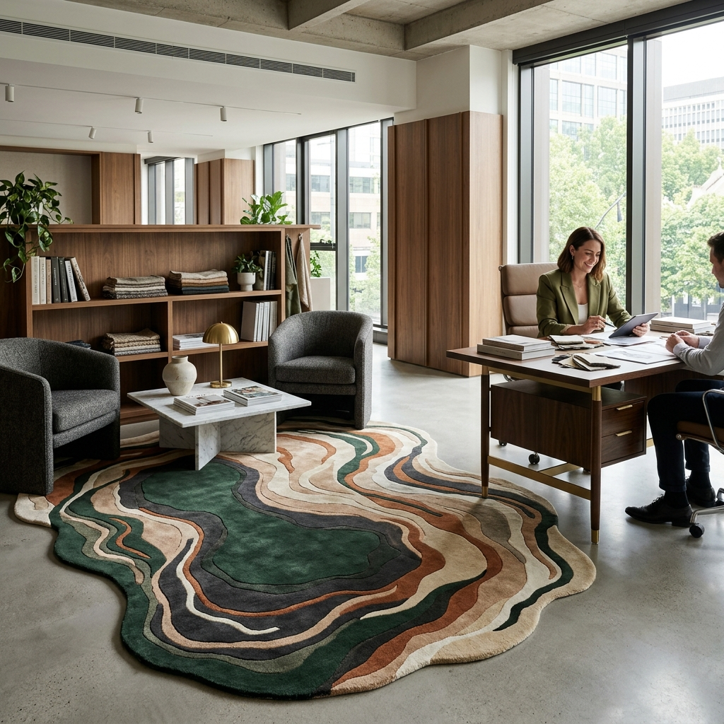 Green abstract hand tufted wool rug