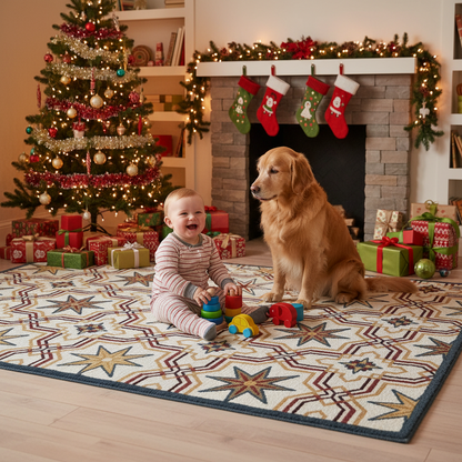 Hand tufted wool and silk blend 6x9 ft rug with intricate geometric design.