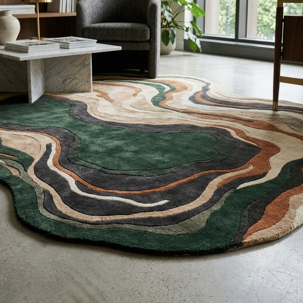Forest green and beige wool rug