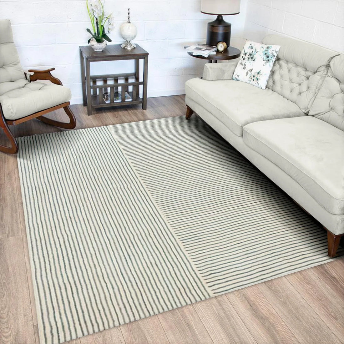Navy Stripe Wool Silk Hand Tufted Carpet Rug for Living Spaces | F-HT-012 - Farookht