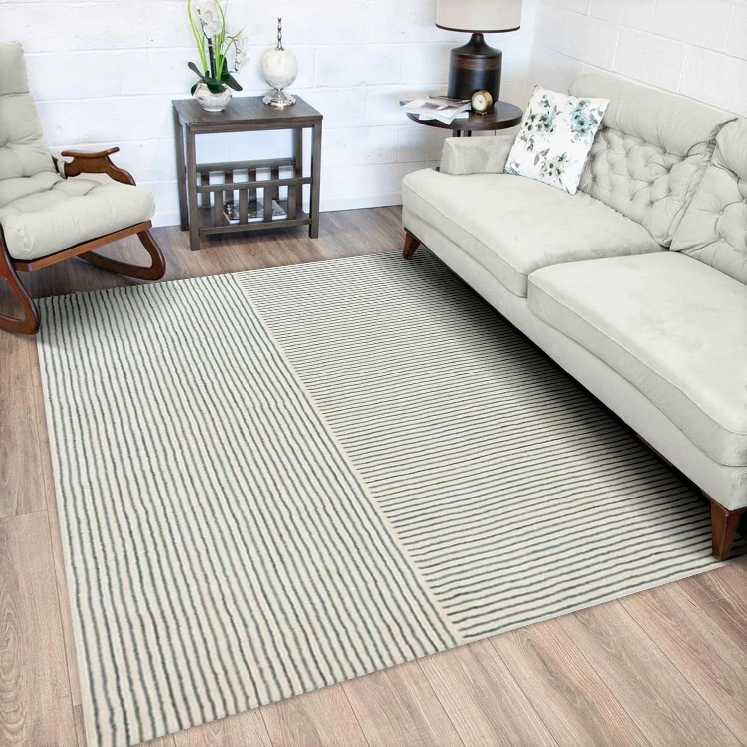 Navy Stripe Wool Silk Hand Tufted Carpet Rug for Living Spaces | F-HT-012 - Farookht