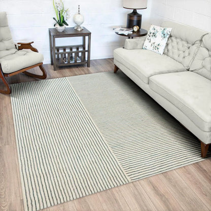 Navy Stripe Wool Silk Hand Tufted Carpet Rug for Living Spaces | F-HT-012 - Farookht