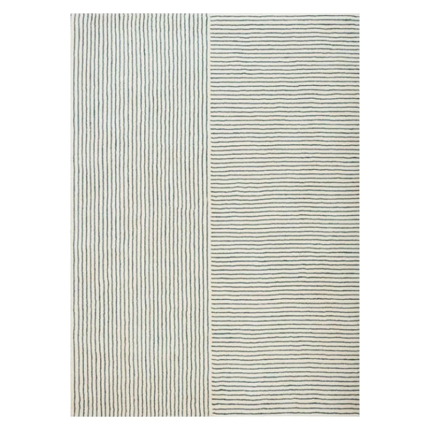 Navy Stripe Wool Silk Hand Tufted Carpet Rug for Living Spaces | F-HT-012 - Farookht