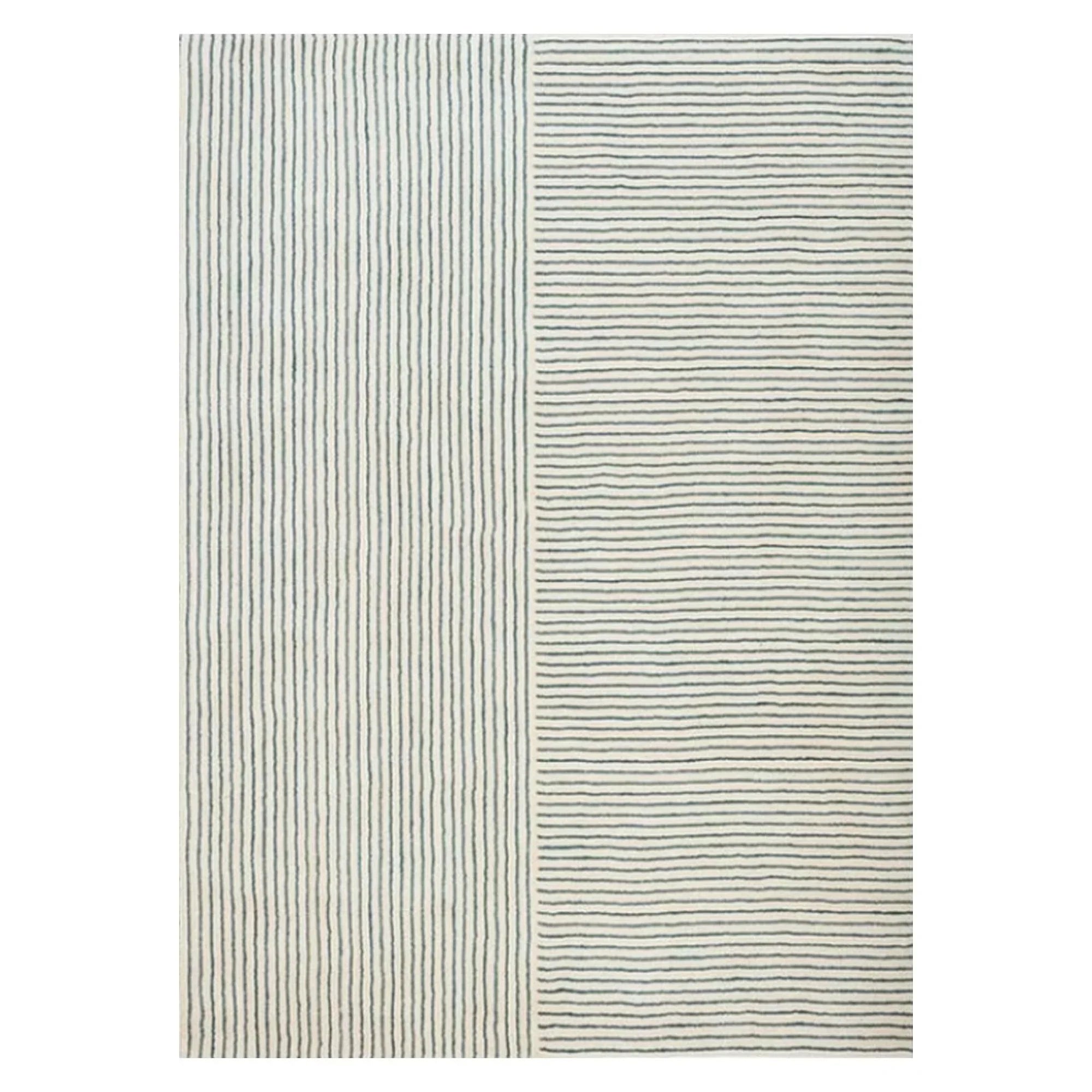 Navy Stripe Wool Silk Hand Tufted Carpet Rug for Living Spaces | F-HT-012 - Farookht
