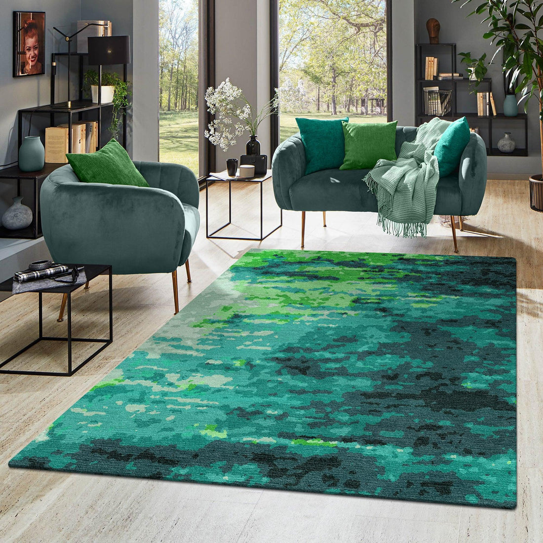 8a5a1e-8b.myshopify.com Teal Abstract Wool Silk Hand Tufted Carpet Rug for Living Spaces | F-HT-017