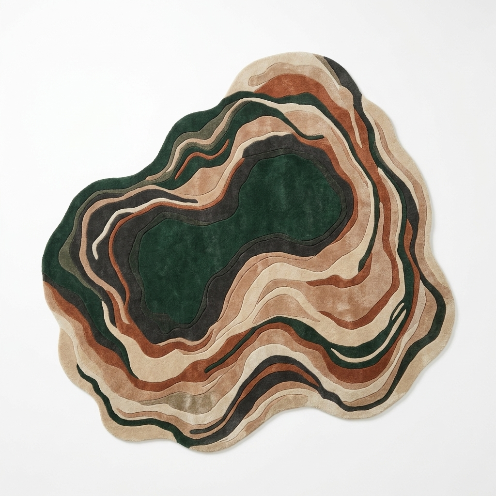 Organic shape green and beige area rug