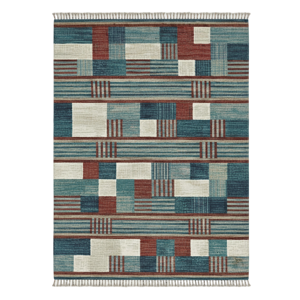 Rectangular rug with a geometric pattern on a white background